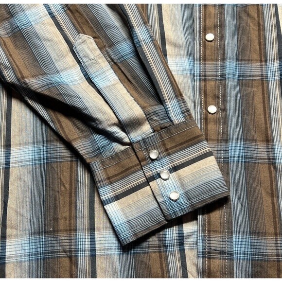 VTG Ely Cattleman Mens Shirt 2XL Plaid Brown Blue LS Pearl Snap Collared Western - Picture 3 of 11